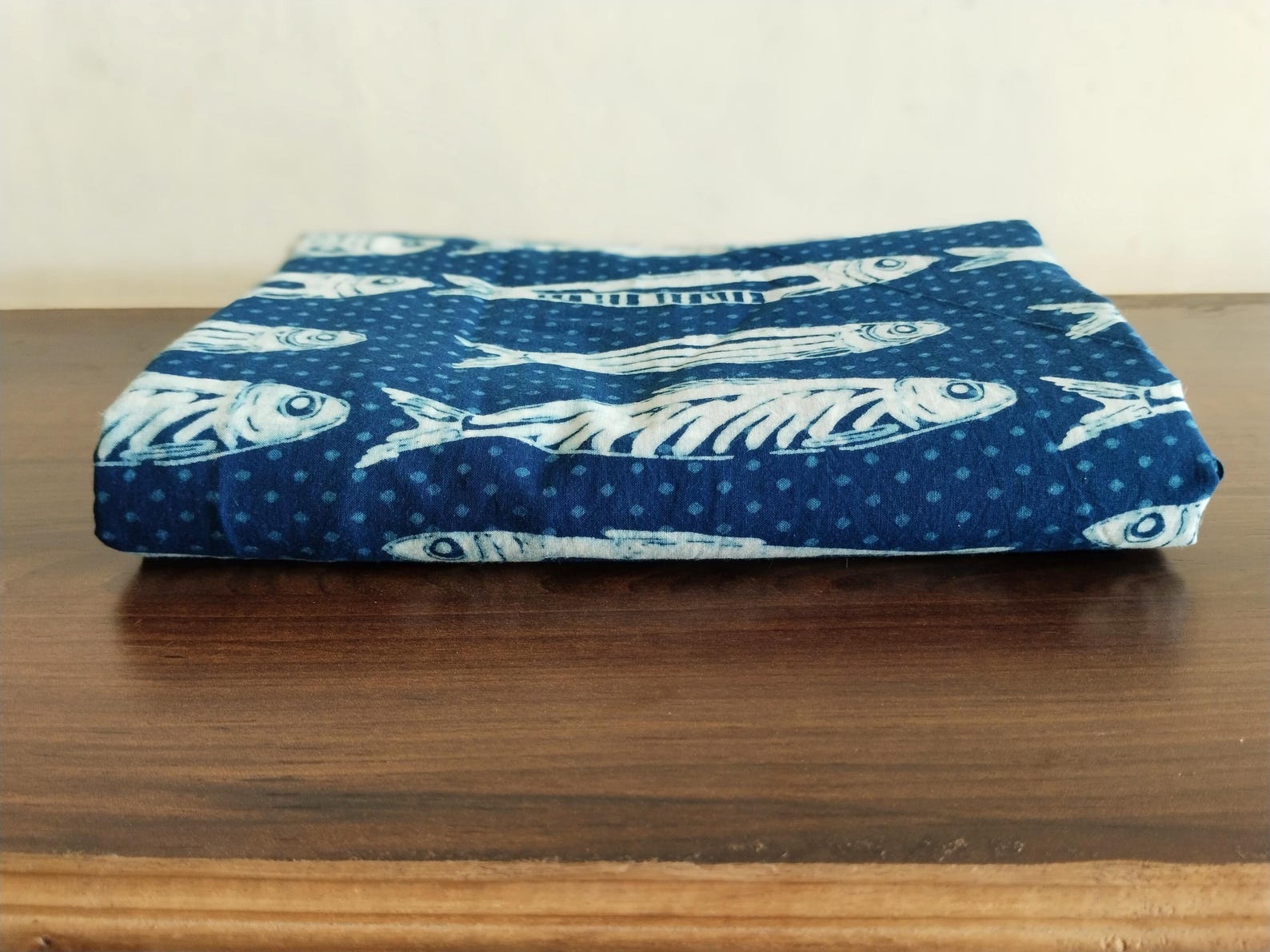 Indigo Blue Fish Print Cotton Fabric - Hand Block Printed Fabric Indian ...