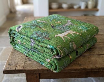 Indian Handmade Kantha Quilt: Jungle Print Cotton Throw Blanket (Queen Size)