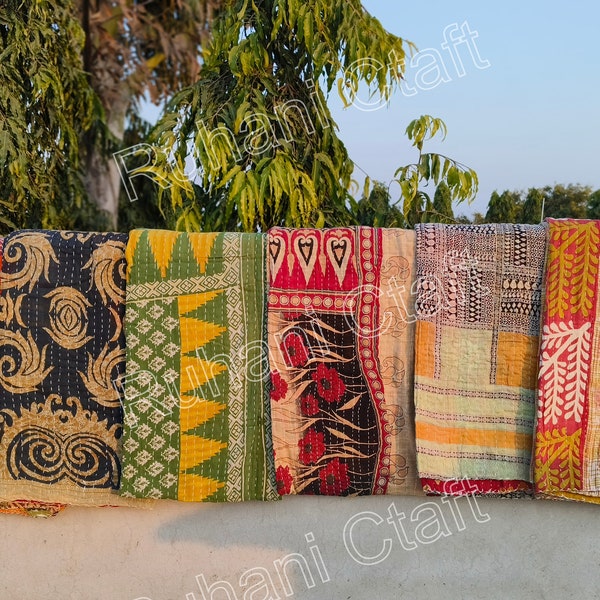 Indian Handmade Wholesale Lot Of 50 Pcs Vintage Kantha Quilt Reversible Twin Throw Handmade Blanket Rali, Boho Vintage Kantha Lot Gudri