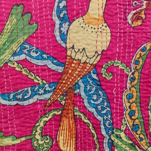 Handmade Indian Kantha Quilt: Birds Print Cotton Throw Blanket