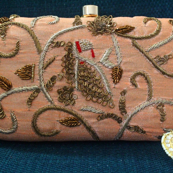 Masakali, Embroidered Clutch with bird motif and zari embroidery, Embroidered Clutch, Wedding, Festive, Bridal, hand embroidered clutch