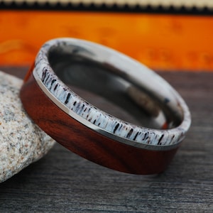 Handmade Titanium Wood & Deer Antler Mens Wedding Band