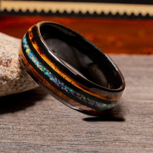Mens Black Wedding Band Ceramic Wedding Band whiskey barrel Wood Wedding Ring Mens Opal Ceramic Ring 8mm Mens Wedding Rings