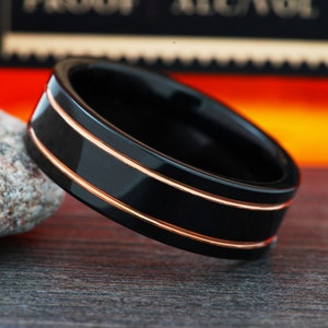 Mens Wedding Band, Rose Gold Tungsten Wedding Band, Black Tungsten Ring Men, Tungsten Ring, Black Ring, Anniversary Gift for Him, Mens Ring