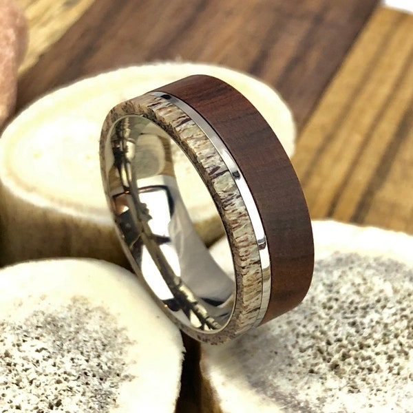 Wood Antler Ring, Deer Antler with Iron Wood Ring and Titanium Sleeve, Mens Wedding Band, Wood Ring Anniversary Engagement Ring