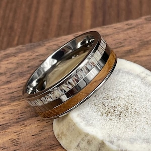 Handmade Whiskey Barrel & Antler Ring - Titanium Wedding Band