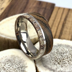 Wood Antler Ring, Deer Antler with Bocote Wood Ring and Titanium Sleeve, Mens Wedding Band, Wood Ring Anniversary Engagement Ring