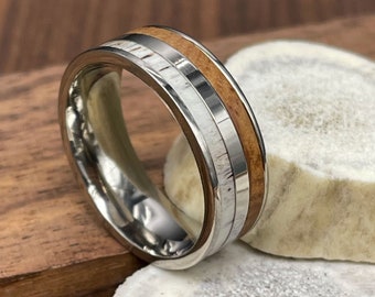 Handmade Titanium Whiskey Barrel Antler Ring - Mens Wedding Band