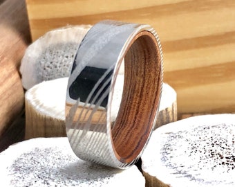 Damascus Steel Ring, Damascus Steel Wedding Band, Wood Ring, Wooden Wedding Band, Ironwood Ring, Wood Wedding Band