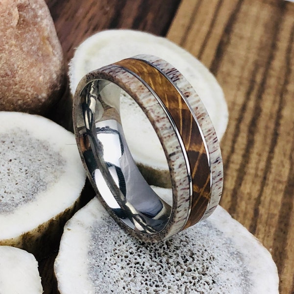 Deer Antler Ring, Mens Wedding Band, Whiskey Barrel Ring, Antler Whiskey Wedding Band, Tennessee Ring, Titanium Wedding Band