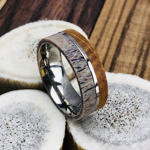 Whiskey Barrel Wood and Antler Titanium Ring, Mens Wedding Band, Tennessee Bourbon Ring, Anniversary Engagement Ring