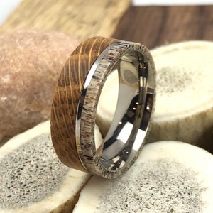 Mens Wedding Band, Whiskey Barrel Wedding Ring For Men, Deer Antler Ring, Wedding Ring for Him, Ring for Men, Anniversary Ring, Antler Ring