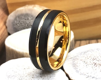 Gold Tungsten Wedding Band, Black Tungsten Wedding Ring, Mens Wedding Band, Tungsten Carbide Ring, Black Wedding Ring, Black Ring