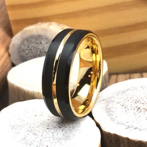 Gold Tungsten Wedding Band, Black Tungsten Wedding Ring, Mens Wedding Band, Tungsten Carbide Ring, Black Wedding Ring, Black Ring