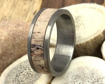 Mens Tungsten Wedding Band: Deer Antler Inlay, Brushed Finish