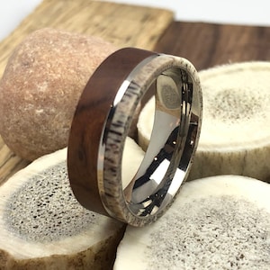 Deer Antler Ring: Ironwood Inlay, Titanium Mens Wedding Band