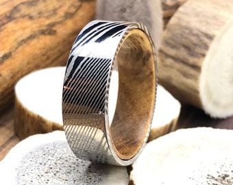 Koa Wood Damascus Steel Mens Wedding Band