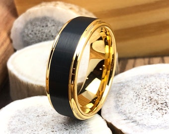 Gold Wolframring Schwarz Ehering, Wolframring Männer, Wolframcarbid Ring, Schwarzer Ehering, Schwarzer Ring