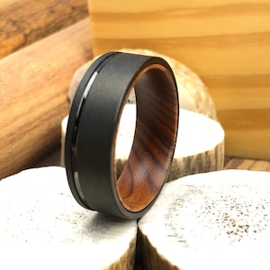 Black Tungsten Ring, Wood Ring, Black Wedding Band, Mens Ring, 8mm Ring, Black Men Ring, Anniversary Gift for Him, Mens Ring, Wedding Band