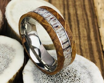 Deer Antler Ring, Mens Wedding Band, Whiskey Barrel Ring, Antler Whiskey Wedding Band, Tennessee Whiskey Wood, Titanium Wedding Band