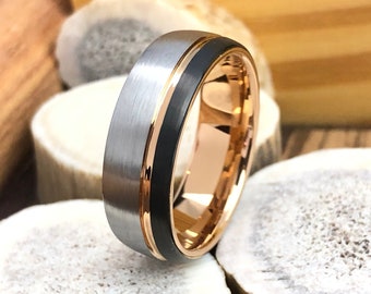 Mens Wedding Band, Rose Gold Tungsten Wedding Ring, Tungsten Ring Men, Women Wedding Band, Gold Groove Wedding Ring, Mens Ring