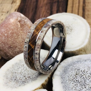 Deer Antler Whiskey Barrel Ring: Titanium Mens Wedding Band