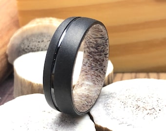 Black Ring, Tungsten Wedding Band, Black Wedding Ring, Mens Ring, 8mm Ring, Tungsten Ring, Anniversary Ring for Him, Antler Ring