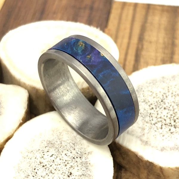 Mens Wedding Band, Blue Box Elder Wood Inlay, Classic Brushed Tungsten Ring, Classic Wedding Band, Brushed Wedding Band