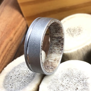 Mens Wedding Band, Sandblasted Tungsten Ring with Deer Antler Sleeve, Hunters Wedding Band, Tungsten Ring Men Wedding Band Anniversary Ring