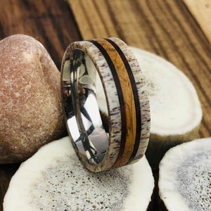 Whiskey Barrel Wood Ring: Deer Antler & Ironwood Titanium Band