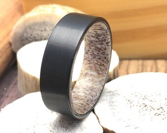 Black Tungsten Wedding Band: Deer Antler Ring for Men