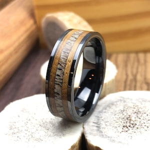 Whiskey Barrel Wood & Deer Antler Black Ceramic Wedding Ring
