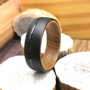 Sandblasted Tungsten Ring Whisky Barrel Mens Wood Wedding Band Black Tungsten Wood Ring Lined with Whisky Barrel White Oak Mens Wedding Band