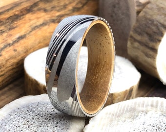 Damascus Steel Wedding Band: Koa Wood Inlay Ring