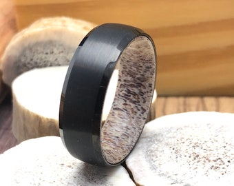 Antler Tungsten Ring Men Wedding Band, Brushed Black Tungsten Ring, Mens Rings, Antler Sleeve Tungsten Ring, Brushed Tungsten Ring