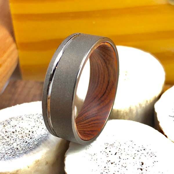 Iron Wood Mens Wedding Band Tungsten Wedding Ring Ironwood Lining, Wood Sleeve Sandlbasted Tungsten Ring