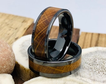 Black Ceramic Whiskey Barrel Wood Ring - Bourbon Wedding Band