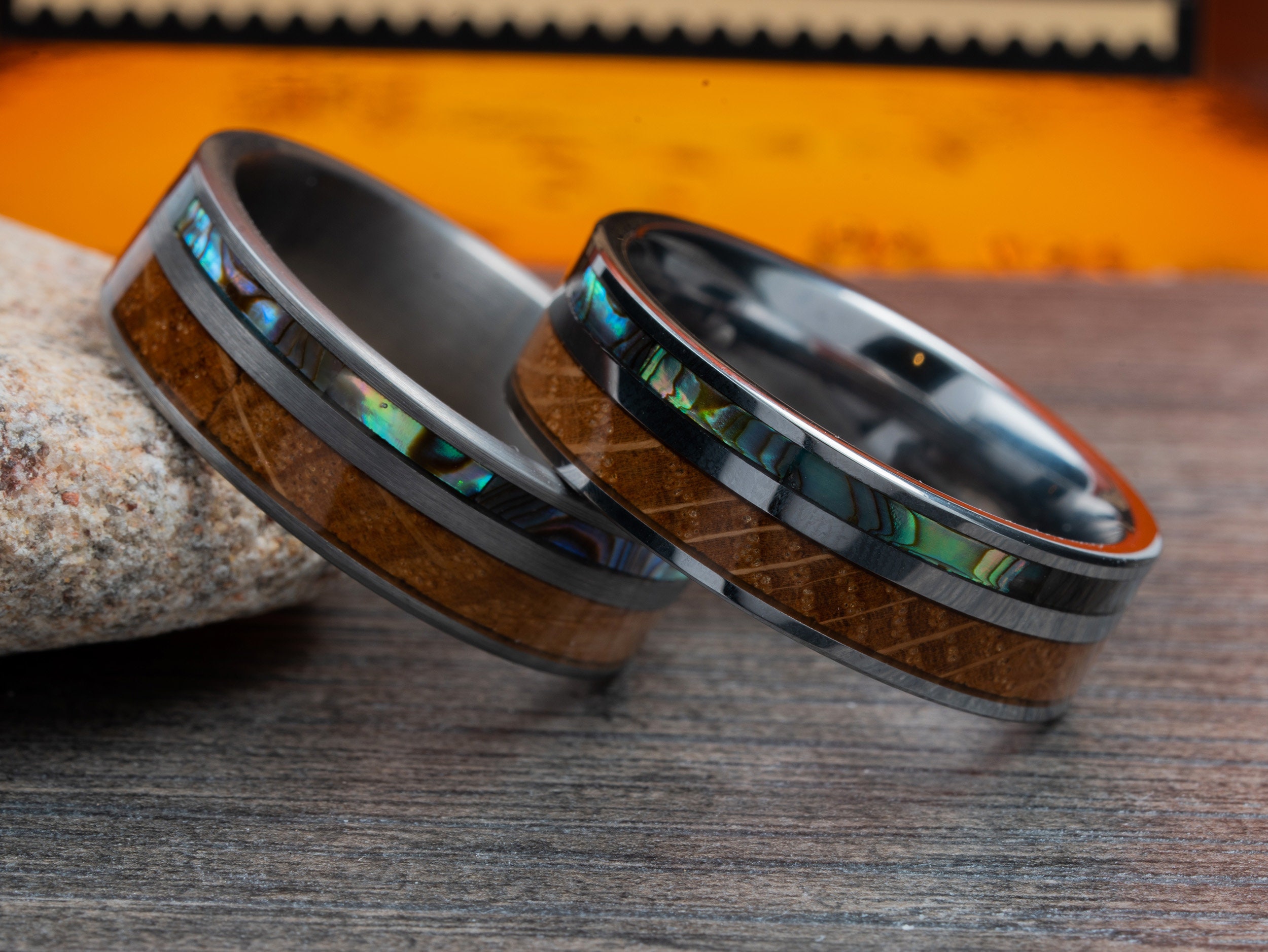 Whiskey Barrel Ring Mens Wedding Band Mens Ring With Abalone Etsy