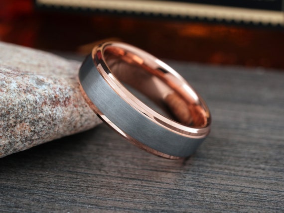 Mens Wedding Band, Rose Gold Tungsten Ring, Wedding Ring Men, Brushed Tungsten Carbide Ring, Anniversary Ring for Him