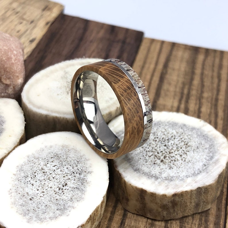 Whiskey Barrel Ring Antler Ring Mens Wedding Band Antler Etsy