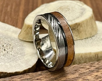 Tennessee Whiskey Barrel Wood Ring, Mens Wedding Band, Damascus Steel, Damascus Ring, Whiskey Wood Ring, Mens Wedding Ring