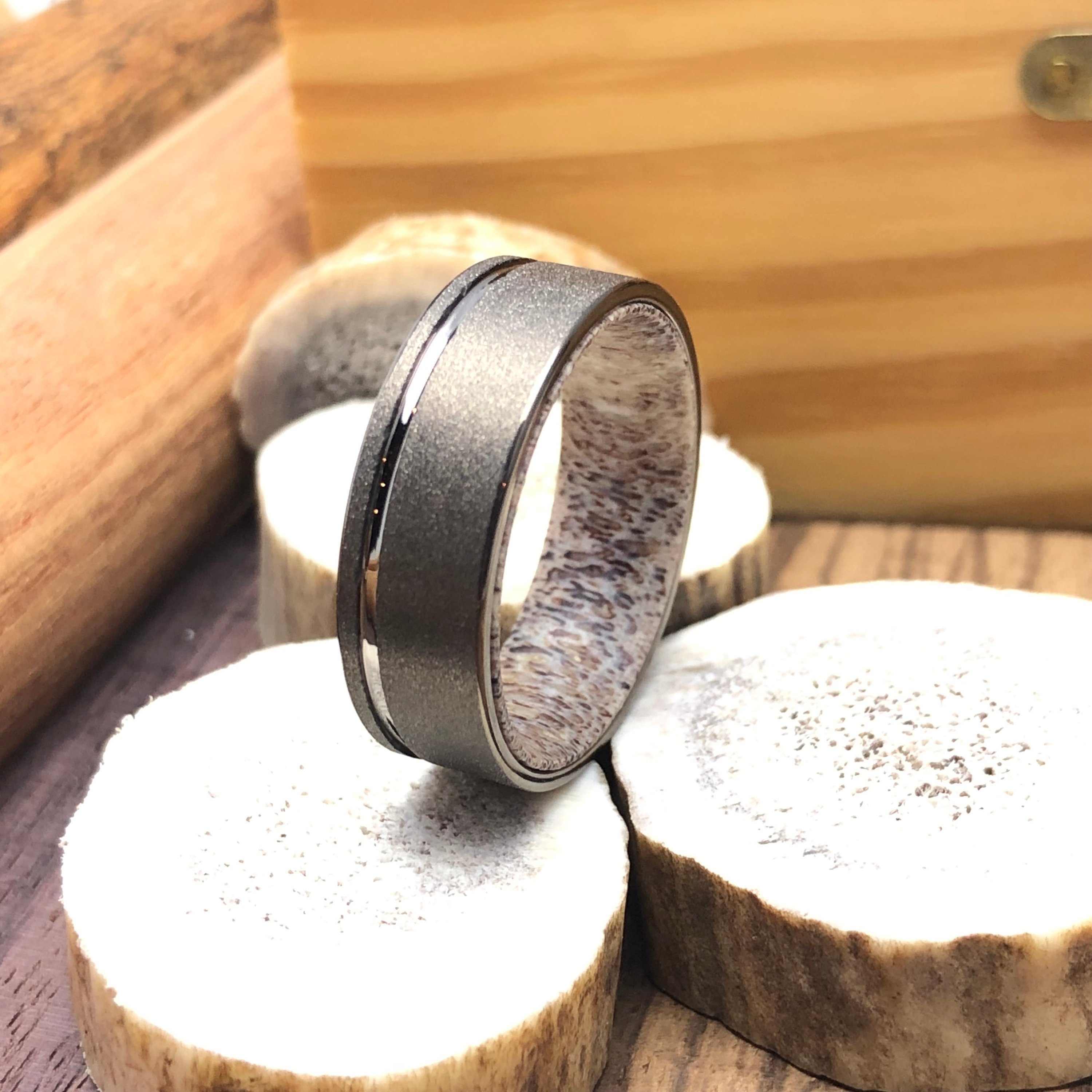 Sandblasted Tungsten Antler Wedding Ring, Hunters Wedding Band, Tungsten Ring Men Wedding Band Anniversary Ring Men