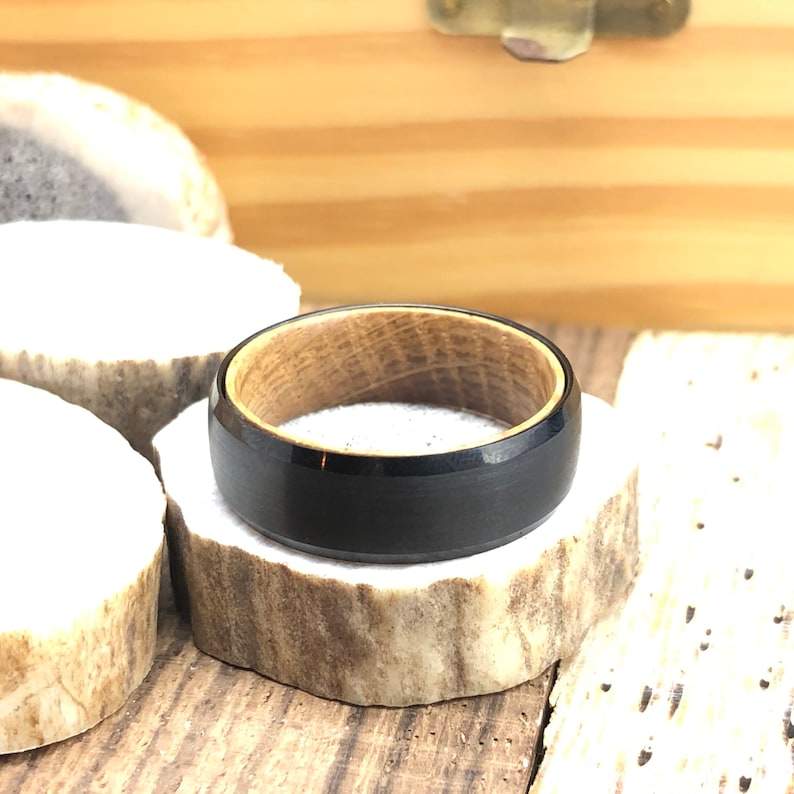 Whisky Barrel Mens Wood Wedding Band Black Tungsten Wood Ring Lined with Whisky Barrel White Oak Mens Wedding Band