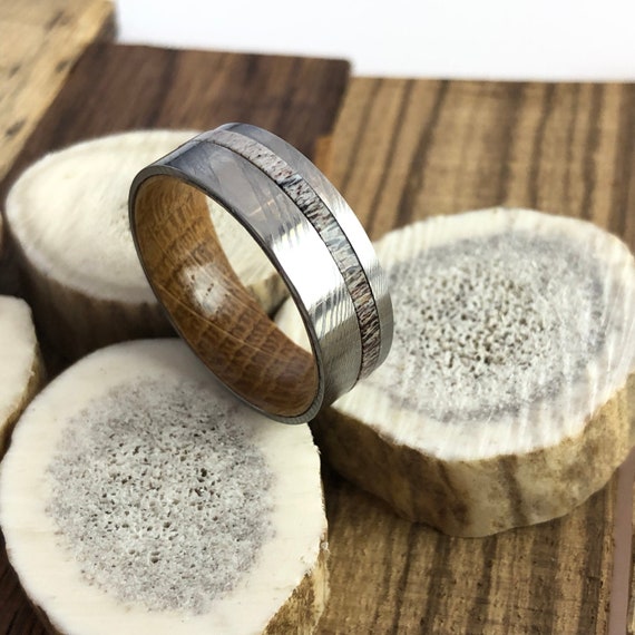 Whiskey Barrel Ring Tungsten Wedding Band Mens Ring Deer Antler Ring Mens Wedding Band Wood Ring Bourbon Barrel Rings for Men Silver Ring