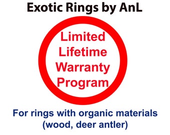 May include: A red circle with the text "Limited Lifetime Warranty Program" inside. The text is in white. Below the circle, it says "For rings with organic materials (wood, deer antler)".