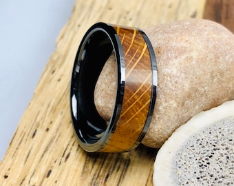Whiskey Barrel Wood Ring - Black Ceramic Mens Wedding Band