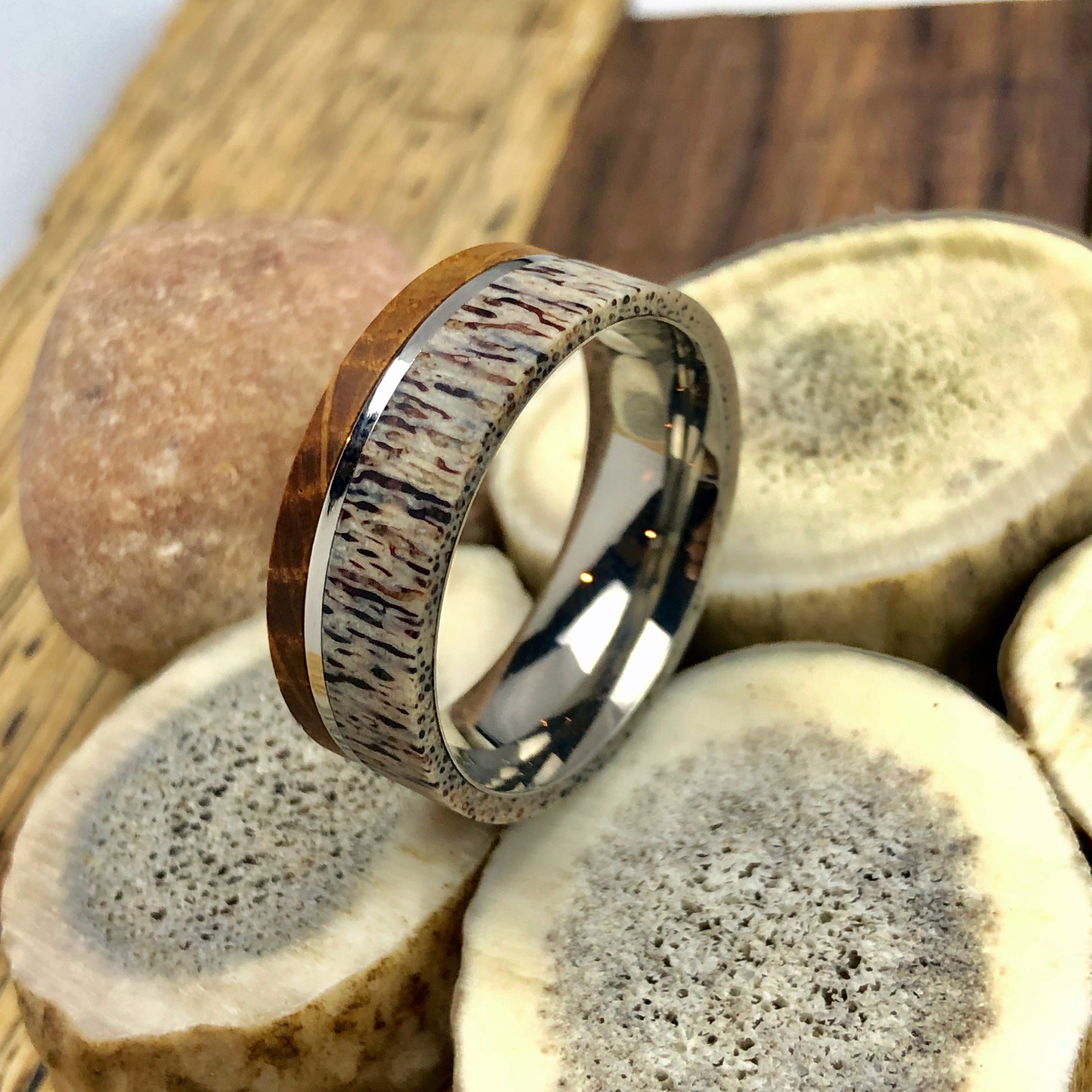 Whiskey Barrel Ring Antler Ring Mens Wedding Band Antler Etsy