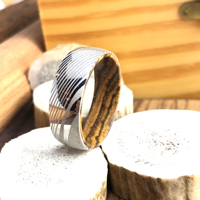 Damascus Wood Ring Wood Wedding Band Wooden Wedding Band Wooden Ring Damascus Steel Ring Damascus Steel Wedding Band Bocote Wood Ring