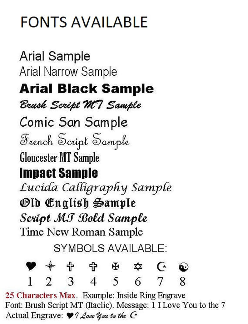 Op de afbeelding: Een lijst met lettertypen en symbolen die beschikbaar zijn voor graveren. De lettertypen omvatten Arial, Arial Narrow, Arial Black, Brush Script MT, Comic Sans, French Script, Gloucester MT, Impact, Lucida Calligraphy, Old English, Script MT Bold en Time New Roman. De symbolen omvatten een hart, een ster, een kruis, een kruis met een cirkel, een davidster, een halve maan en een yin-yang symbool. De tekst geeft aan dat het maximale aantal toegestane tekens 25 is. Een voorbeeld wordt gegeven: "Lettertype: Brush Script MT (Cursief). Bericht: Ik hou van je tot de 7. Werkelijke gravering: Ik hou van je tot de C."
