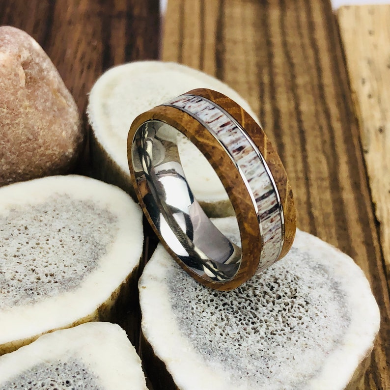 Deer Antler Ring Mens Wedding Band Whiskey Barrel Ring Etsy